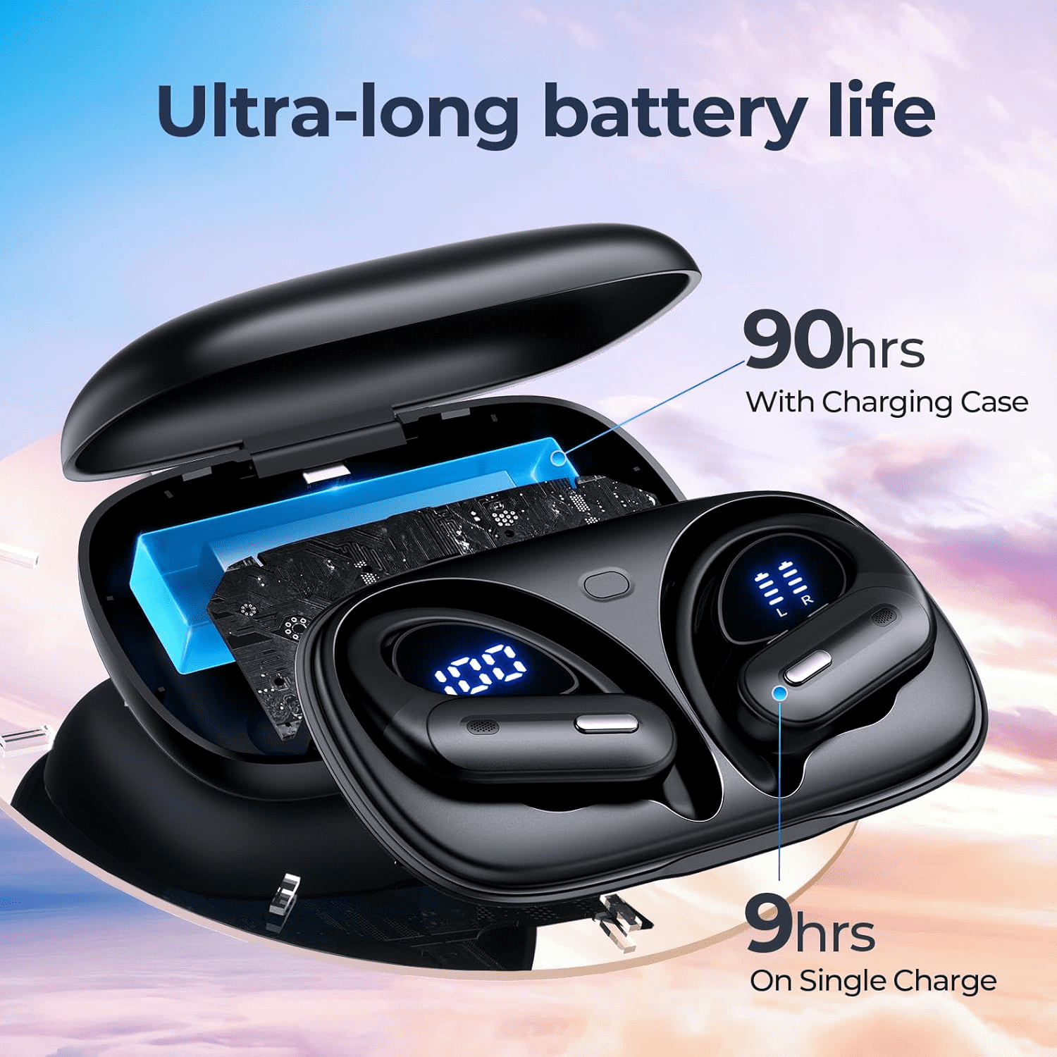 Active Noise Cancelling Wireless Earbuds Bluetooth Headphones 90 Hrs Playtime Ear Buds with Hi-Res Stereo Power Display Earphones with Earhooks Waterproof Transparency Headset Sports/Running