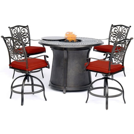 Hanover Traditions 5-Piece High-Dining Set in Red with 4 Swivel Chairs and a 40 000 BTU Cast-top Fire Pit Table