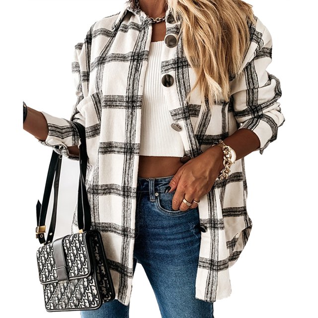 Mujeres de manga larga abrigo a cuadros solapa botón abajo elegante casual suelta cómoda camisa de abrigo a cuadros