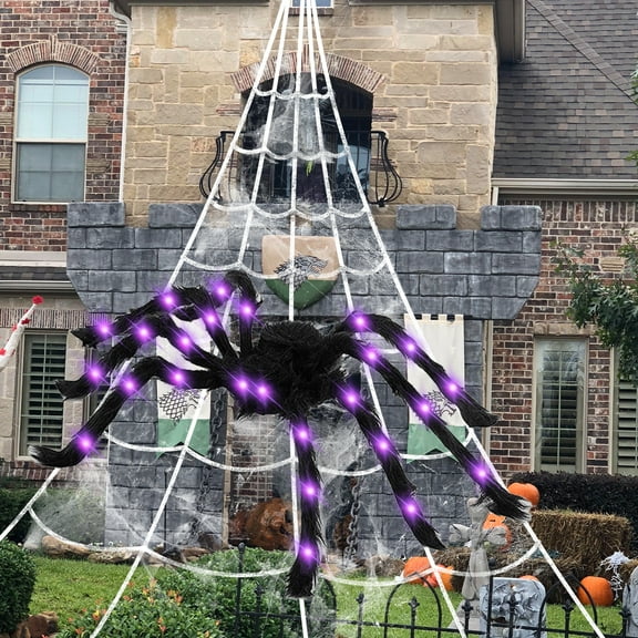 Spider Webs Decorations, 50'' Light-up Giant Spider 275'' Giant Triangular Spider Web 100g Stretch Cobwebs for Decorations Outdoor Indoor Yard Home Parties House Décor