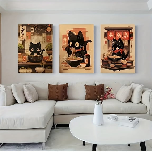 3pcs Set Of Modern Japanese Black Cat Noodle Canvas Wall Art, Frameless Posters for Living Room Decor