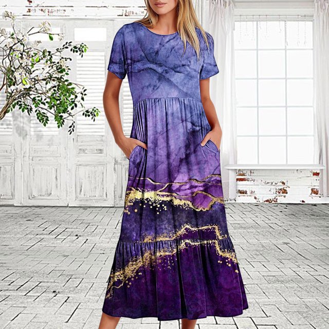 Jusqu'à 65 % de Rabais! Robes d'Été Mode pour Femmes 2024 Grande Taille Décontractées à Manches Courtes Col Ras du Cou Robe Décontractée Fluide à Étages Maxi Robe de Plage avec Poches Robe à Imprimé
