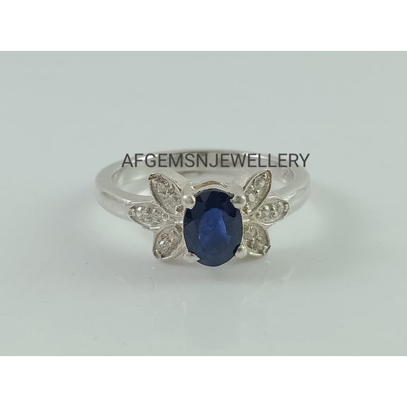 AFGEMSNJEWELLERY Natural Blue Sapphire Ring Sterling Silver Oval Cut Gems Ring Handmade September Birthstone Jewelry Gift for Her Silver 3