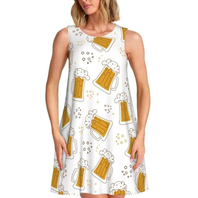 Vsdgher Robes d'Été Imprimé Bière pour Femmes Robe de Plage Décontractée Col en U Sans Manches Robe d'Été Ample avec Poche