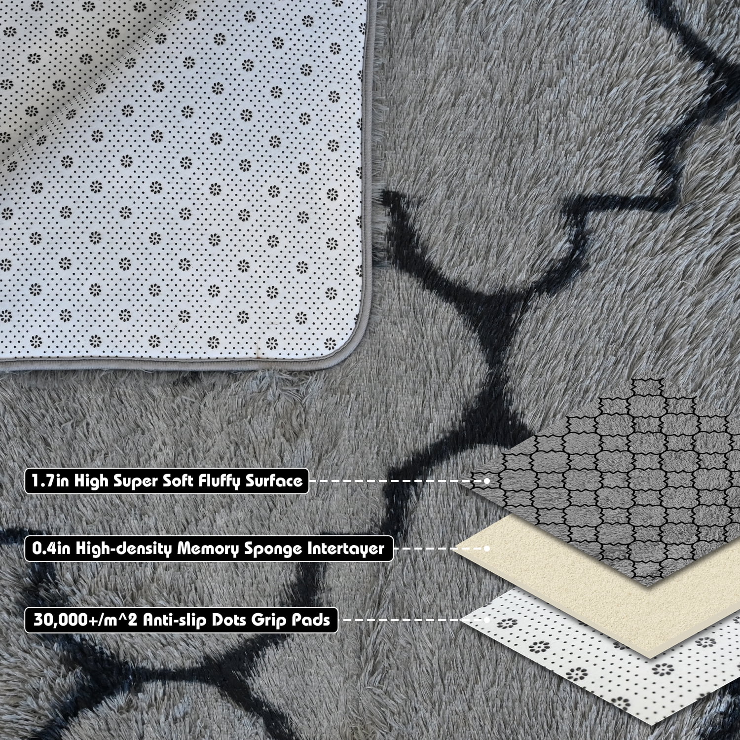 Pentantan Shag Area Rug, 5ft x 8ft Geometric Soft Fluffy Rugs for Living Room Bedroom Indoor Carpet, Gray & Black