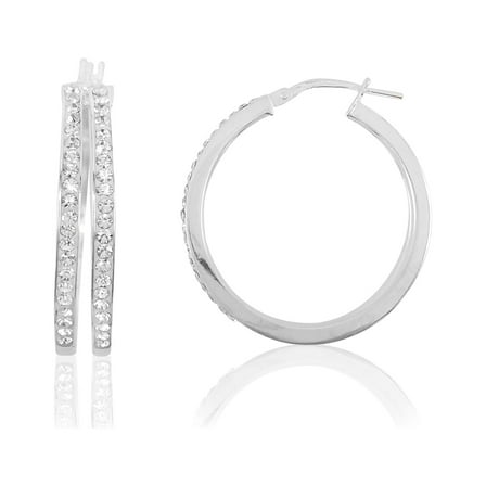 Brilliance Fine Jewelry Women's Rhodium Plated Sterling Silver Classic 2 Row Crystal Round Hoop Adults Earring