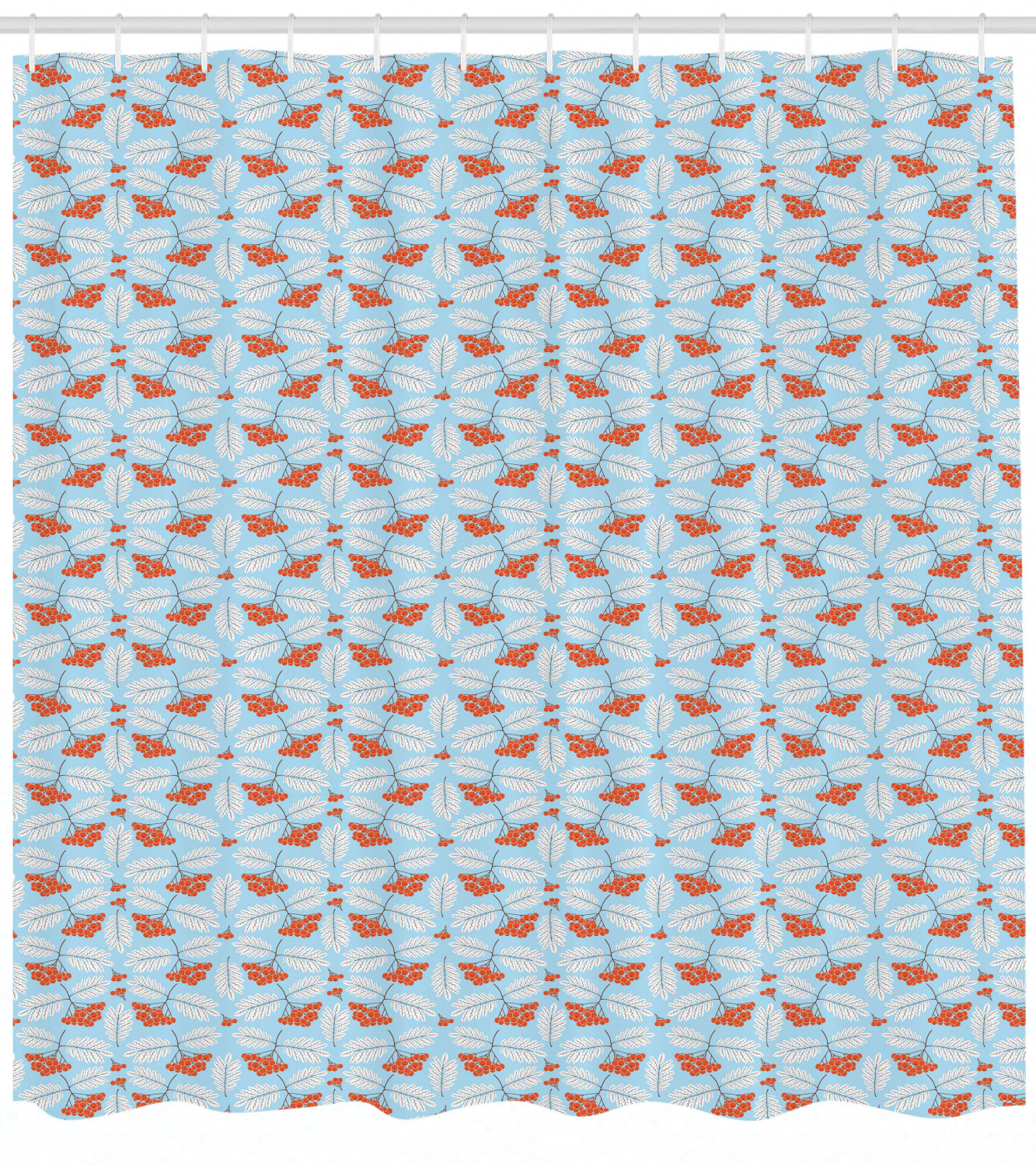 thumbnail image 3 of Orange Blue Shower Curtain, Sweet Winter Rowan Pattern with Frosted Leaves Print, Fabric Bathroom Set with Hooks, 69"W X 84"L Extra Long, Pale Blue Vermilion and Chocolate, by Ambesonne, 3 of 3