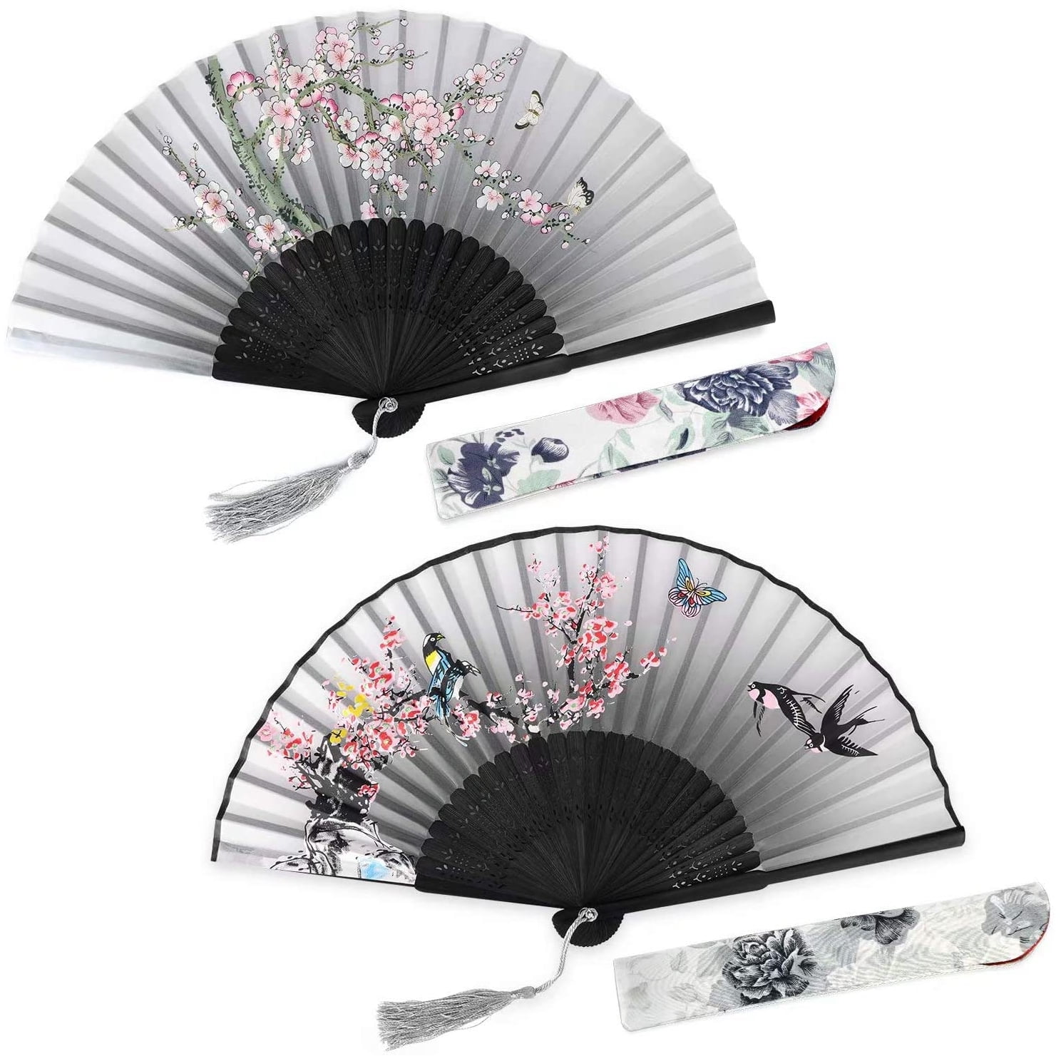 Hand Held Folding Fan, 2Pack Women Craft Silk Fan with Bamboo Frame