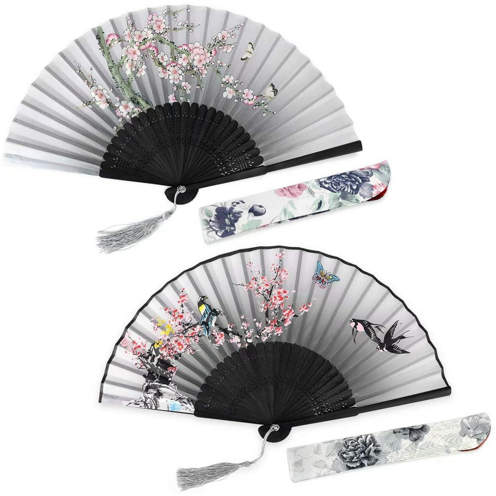 Hand Held Folding Fan, 2-Pack Women Craft Silk Fan with Bamboo Frame ...