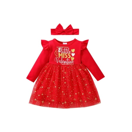 

3M-3Y Newborn Toddler Girls Valentine s Day Outfit Red Long Sleeve Crew Neck Stitching Lace Tutu Dress+Bow Headband Set Spring Fall