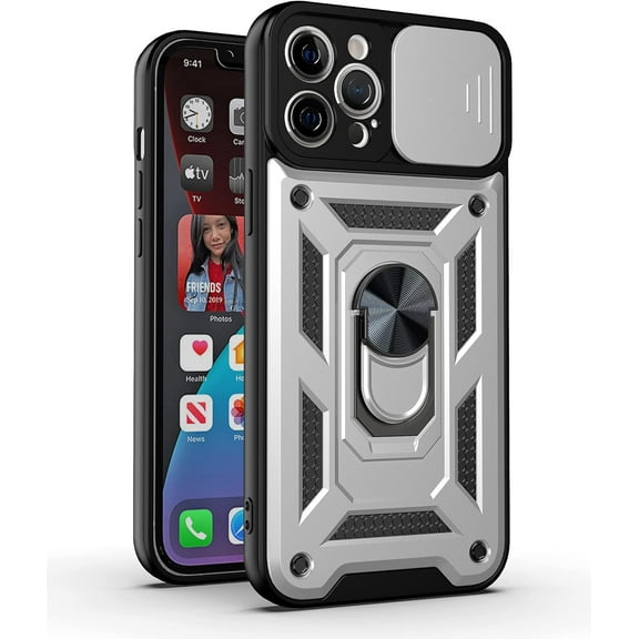 Sturdy Case for Apple iPhone 12 Pro (Not 12) with Slide Camera Window, Heavy Duty Military Grade Protection Phone Cover Built-in 360°Rotate Ring Stand for Apple iPhone 12 Pro Silver