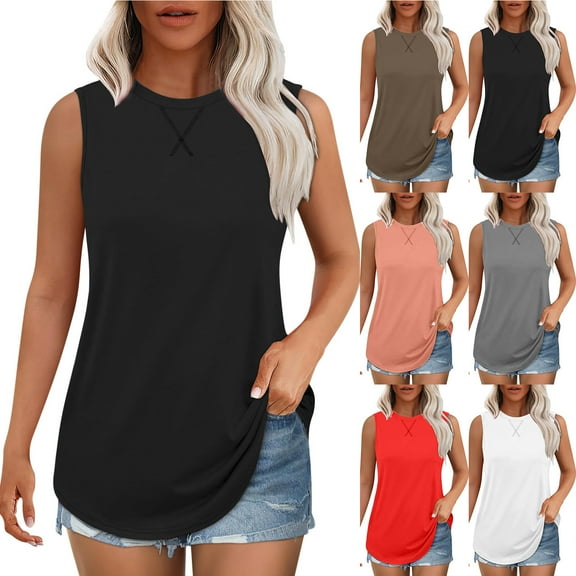 Otntypg Workout Tank Tops for Women Casual Summer Sleeveless Round Neck Basic Athletic T-Shirts Trendy Oversized Flowy Tunic Blouse Black L