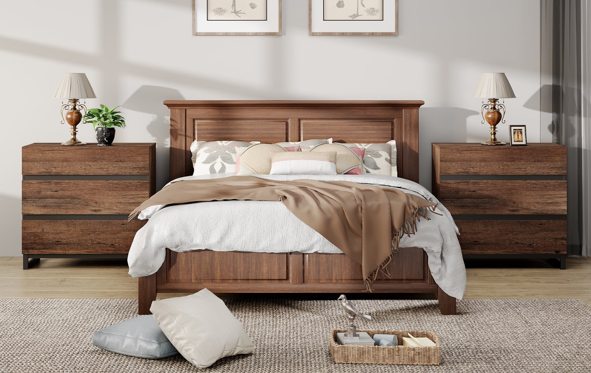 WAMPAT 2-Pack Rustic Wood Nightstand, 3-Drawer Modern Bedside Table with Sturdy Black Square Iron Legs, Multifunctional Storage End Table for Bedroom Living Room, Brown
