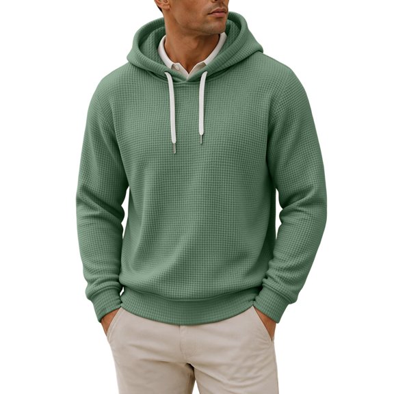 Qgtaibl Men's Waffle Knit Pullover Hoodie Soft Textured Drawstring Hood Sweatshirt Long Sleeve Solid Color Loose Fit Casual Hooded Top for Daily Fall Wear XXL