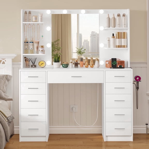 Makeup Vanity Set with 11 Drawers, Vanity Desk with Mirror and Adjustable Lights, Power Outlet, 6 Open Storage Shelves & 5 Hooks, vanity set for Bedroom, White