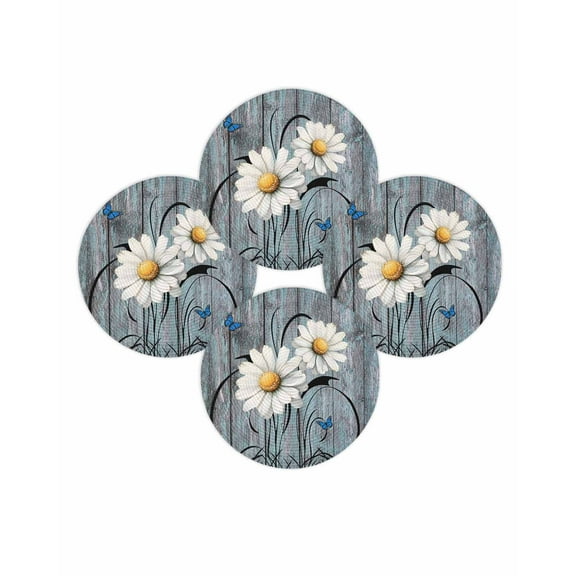 Round Placemats Set of 4 Rustic Daisy Place Mats Washable Woven Placemat Yellow Sunflower Blue Wood Grain Circle Braided Table Mat for Kitchen Dining Table Party Home Decor 15 Inch