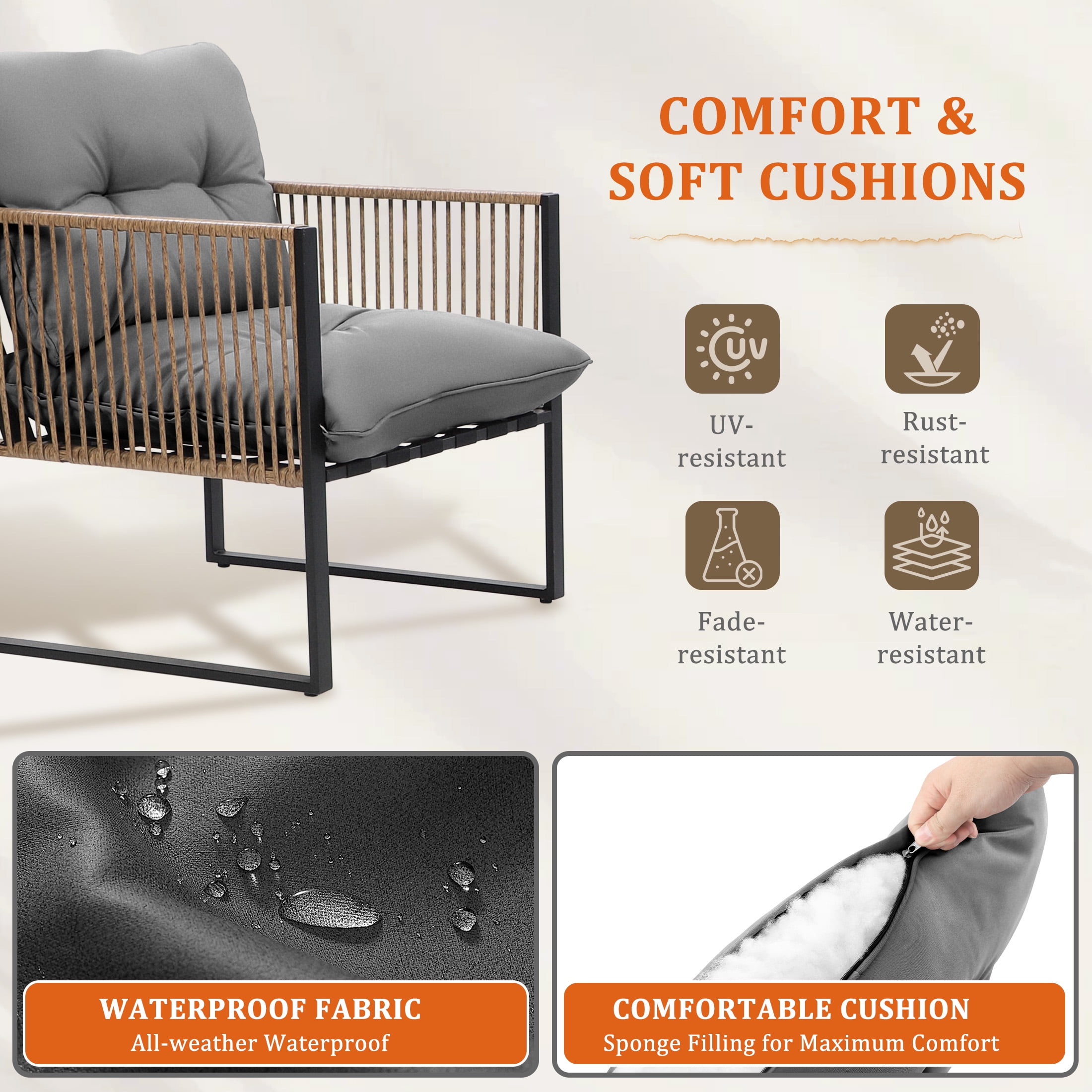 Enyopro 4 Piece Wicker Patio Furniture Set, Outdoor Rattan Conversation Sets, Cushioned Secitional Sofa Sets with 2 Arm Chairs, Love Seat & Tempered Glass Coffee Table, for Patio Garden Deck Backyard