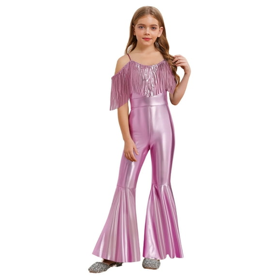 Raenseen Girls Sparkly Sequins Tassel Pageant Dance Party Jumpsuit Spaghetti Strap High Waist Flared Pants Romper Pink 12