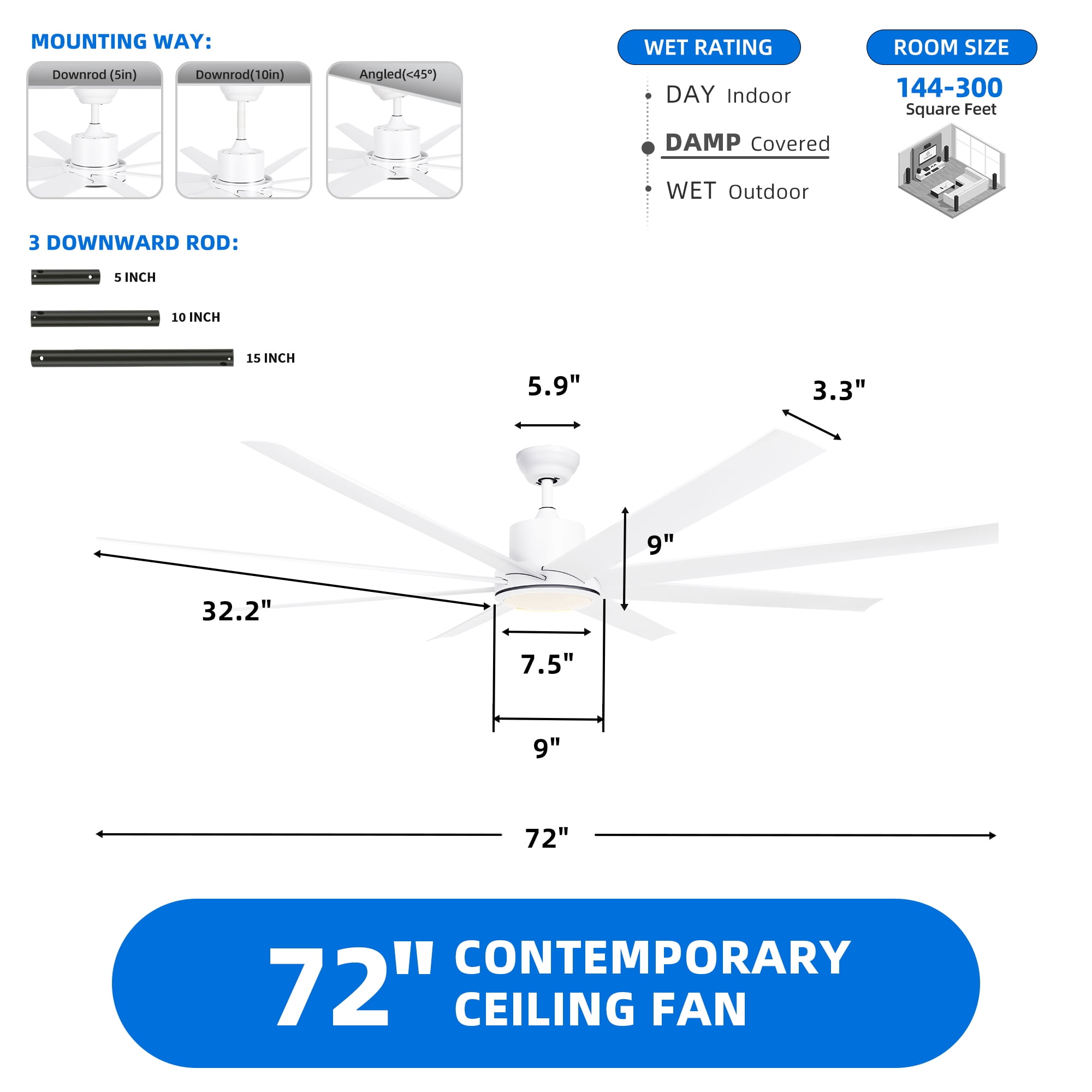 Uforic 72 Inch White Ceiling Fans with Lights and Remote Control,8 Aluminum Blades with 6 Speed, Modern Ceiling Fans for Living Room,Garage