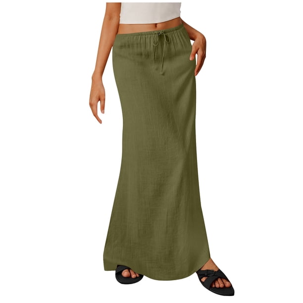 Faldas Largas para las Mujeres de Verano Color Sólido Cordón Moda Casual Poliéster Faldas de Cintura Elástica para las Mujeres