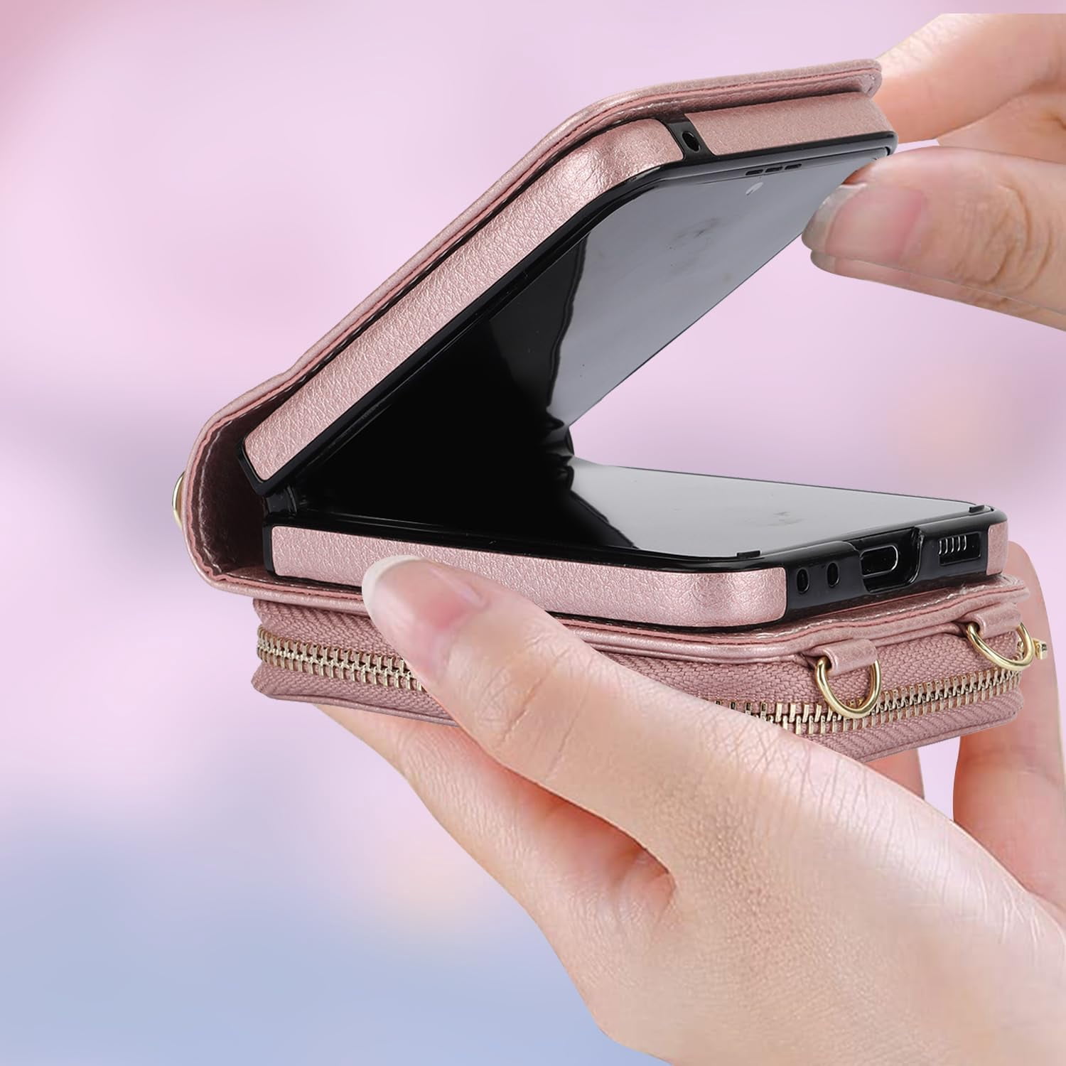 for Motorola Moto Razr+ 2023 Wallet Case with RFID Blocking, Moto Razr Plus Phone Case Crossbody Strap Card Holder Women Girls PU Leather Motorola Razr+ 2023 Wallet Phone Case Rosegold