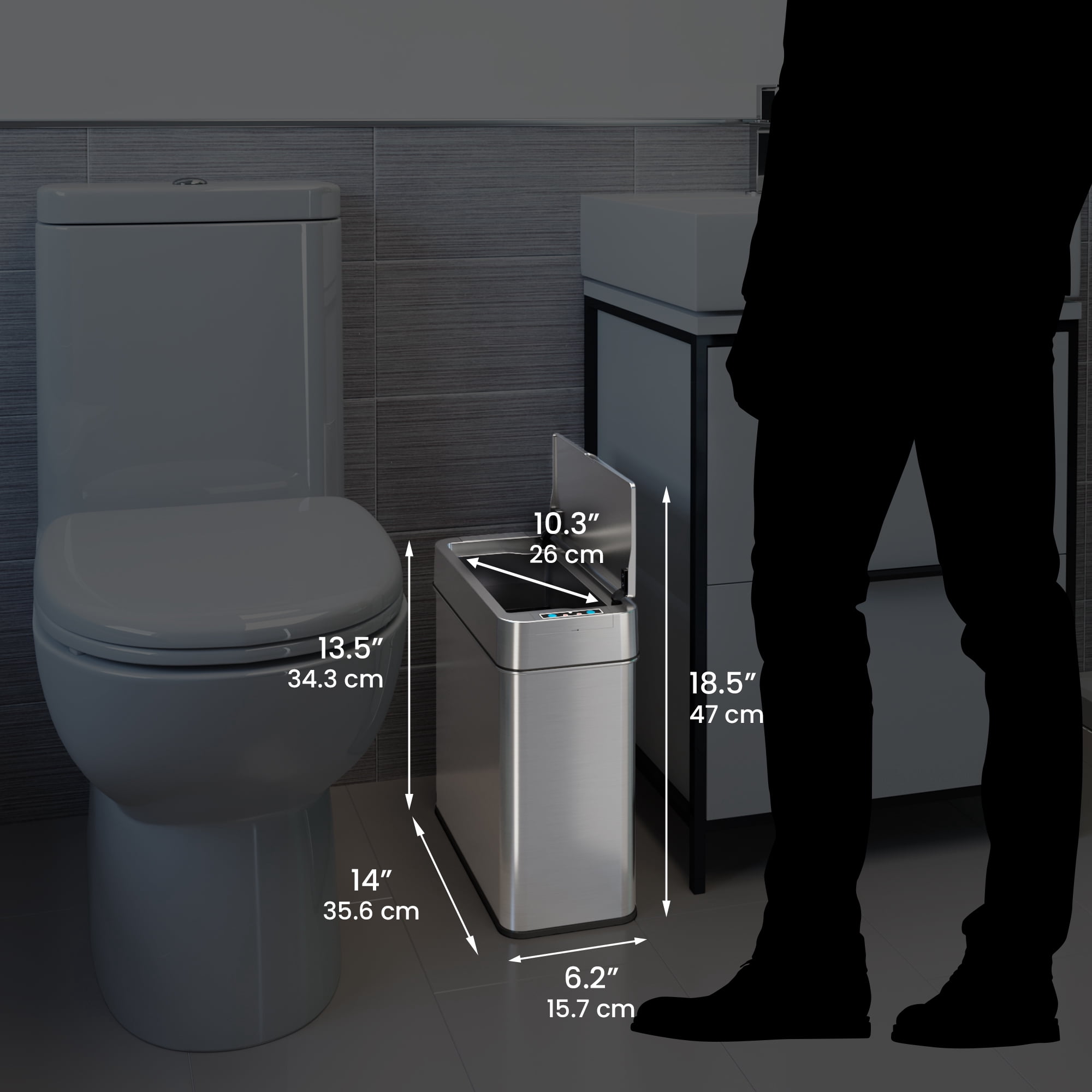 iTouchless 4 Gallon Slim Sensor Trash Can with AbsorbX Odor Control System, Lid Opens Right, 15 Liter Stainless Steel Automatic Wastebasket, Space-Saving Bin for Bathroom, Kitchen, Office, Hotel