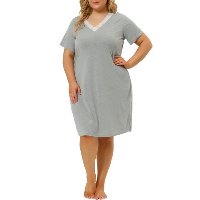 GRACE & GRANDEUR Nuisettes pour Femmes Grande Taille en Dentelle à Col en V à Manches Courtes Pyjama Tenue de Nuit Robe 2X Gris Pâle