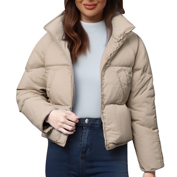 ManxiVoo Women's Short Puffer Jacket with Stand Collar Lightweight Warm Winter Coat Casual Outerwear L Size Khaki
