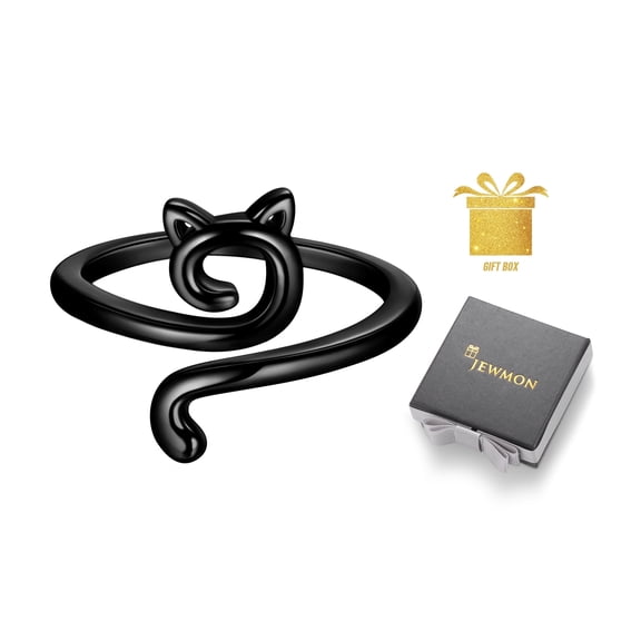 Jewmon Adjustable Cute Cat Ring Black Gold Plated over 925 Sterling Silver Kitten Ring for Women Valentine Day Jewelry Gifts for Girlfriend Wife