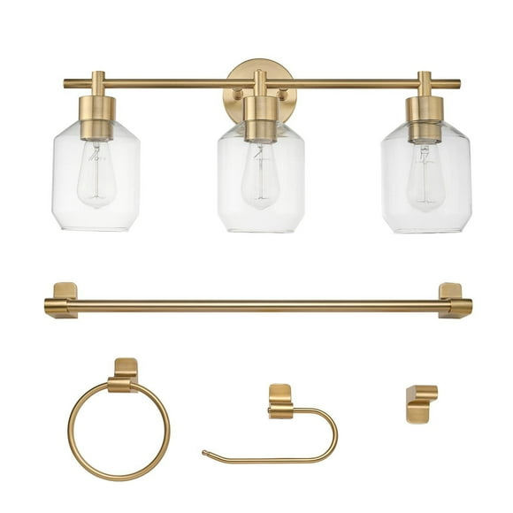Globe Electric Cannes 5-Piece Matte Brass All-In-One Bathroom Hardware Set with 3-Light Vanity Light Fixture and Clear Glass Shades
