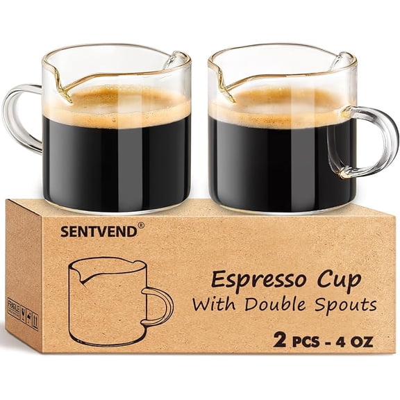 Espresso Cups Set of 2, 4 Oz Espresso Shot Glass with Handle Double Spout Cups Clear Glass Milk Cup Coffee Accessories Great for Making Coffee Desserts Salad Dressing
