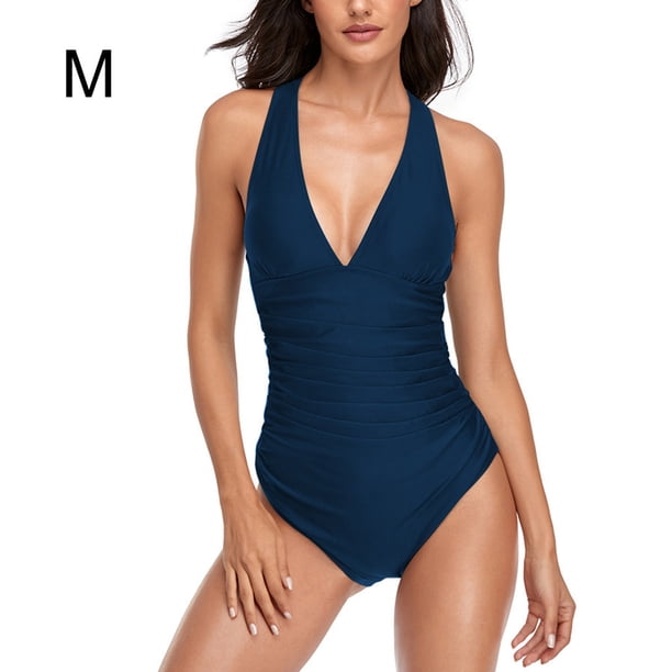 Naiovety Traje de baño de poliéster de aplicación amplia para mujer con traje de baño de una pieza con costuras finas, traje de baño Push Traje de baño Azul METRO