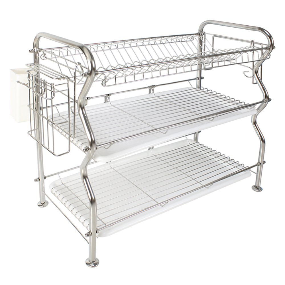 3Tier Dish Draining Rack With Utensil Holder, Draining Pan, Adjustable