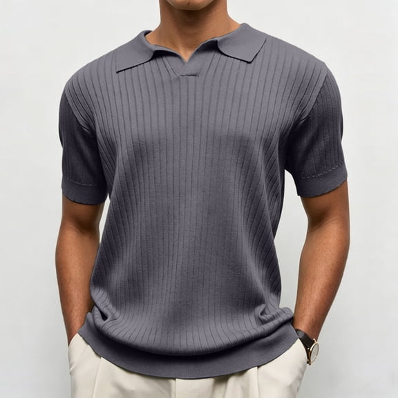 Qiyinn Men's Fashion Casual Solid Color Breathable Knit Short Sleeve Lapel Shirts
