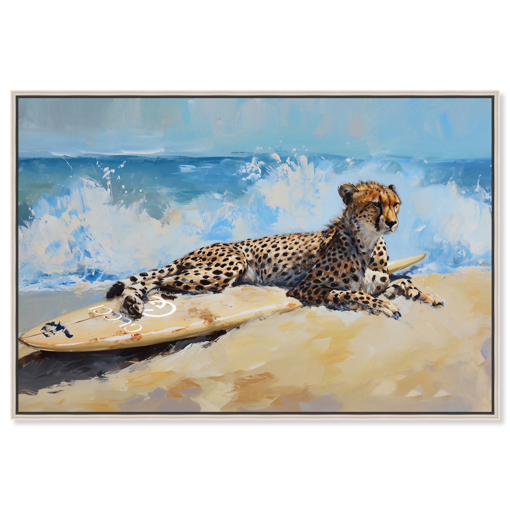 Cheetah Beach Surfer Canvas Glam Beach Wall Art by Art Remedy, Silver Frame, 54" x 36"