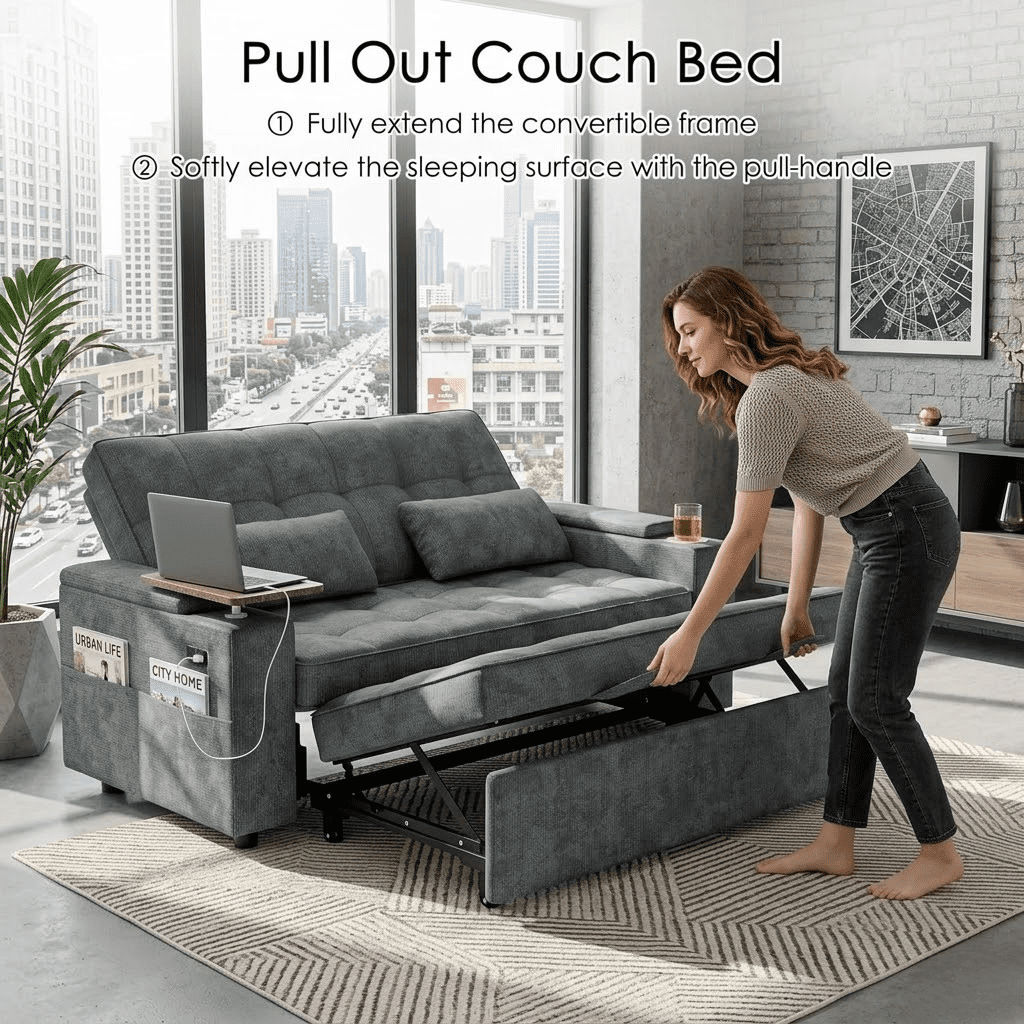 Howcool 65" Sleeper Sofa Bed, 3-in-1 Convertible Pull Out Couch Bed with Tray Table & Cup Holders, Chenille Loveseat Sofa with Adjustable Backrest for Living Room, Apartment(Dark Grey)