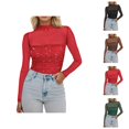 thumbnail image 1 of Sparkle Tops for Women 2026 Spring Fashionable Long Sleeve Mesh Patchwork Mock Neck Casual T Shirt Rave Outfit Clubwear, 1 of 5