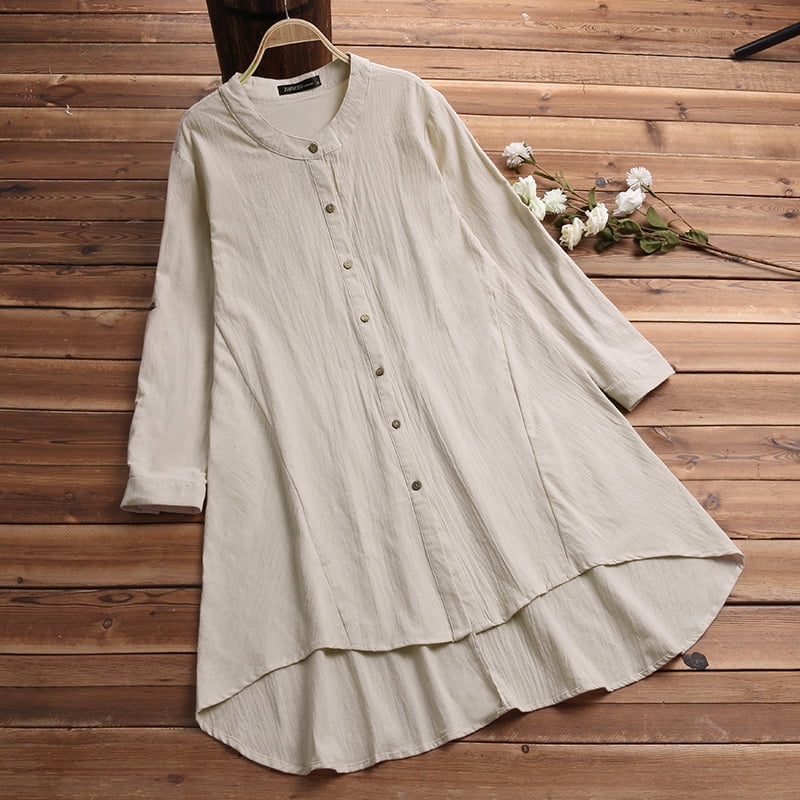 Zanzea Plus Size Women Stand Collar Adjustable Sleeve Buttons Open Dip Hem Plain Color Baggy Shirt Dress Walmart Com Walmart Com
