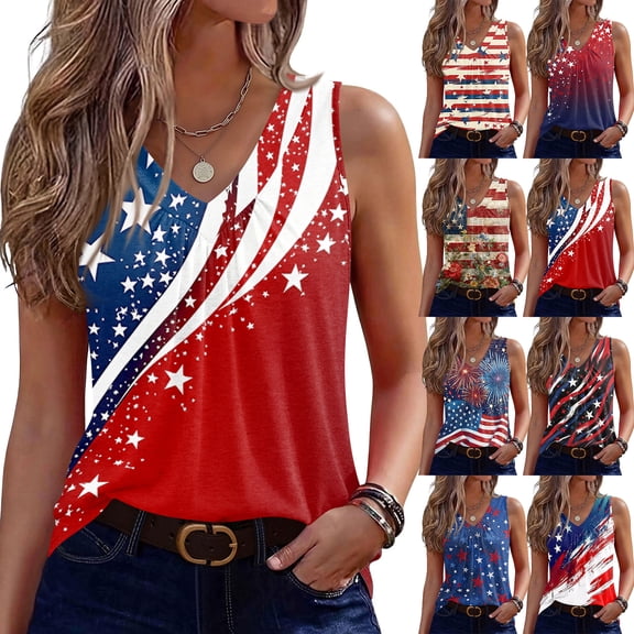 250th Anniversary Tank Tops for Women 2026 - Patriotic V-Neck Sleeveless Tees - 1776-2026 USA Flag Star Print Casual Summer Blouse Blue L