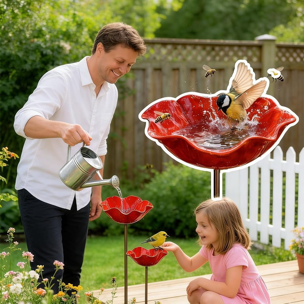 HZMSYQ 3PC Metal Flower Garden Stakes,Bird Bath Watering Station, Bee Bath Bowl ,Outdoor Watering Station,Bird Watering Flower Stake for Garden Yard Decor