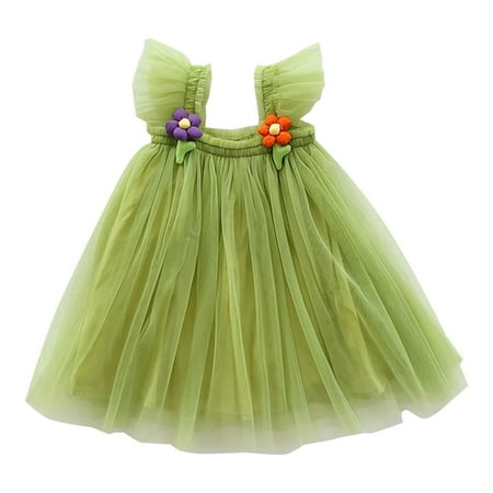 

B91xZ Princess Dresses For Girls Toddler Girls Fly Sleeve Solid Color Tulle Dress Dance Party Princess Toddler Girl Christmas Green 5-6 Years