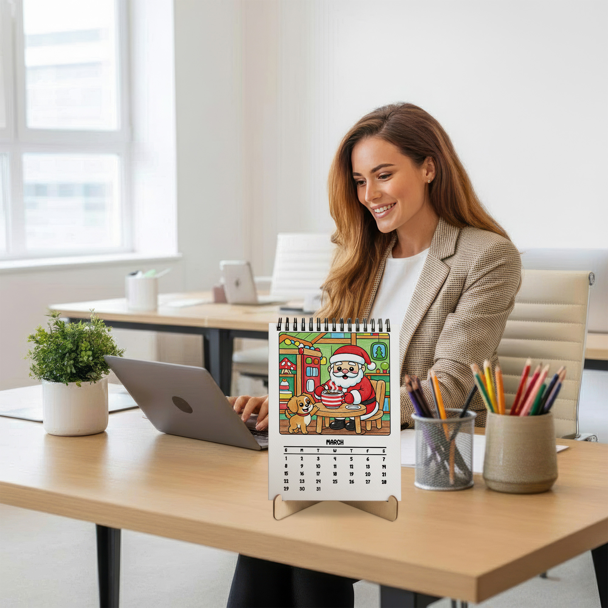 Merry Christmas Coloring Desk Calendar 2026–2027, A5 Wooden Cover Planner with 26 Easy Coloring Pages for Adult Relaxation, 24 Month Desktop Calendar with Stand, Gift for Family & Friends