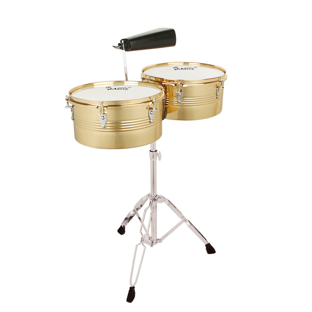 Glarry 13" & 14" Timbales Drum Set with Stand and Cowbell Golden