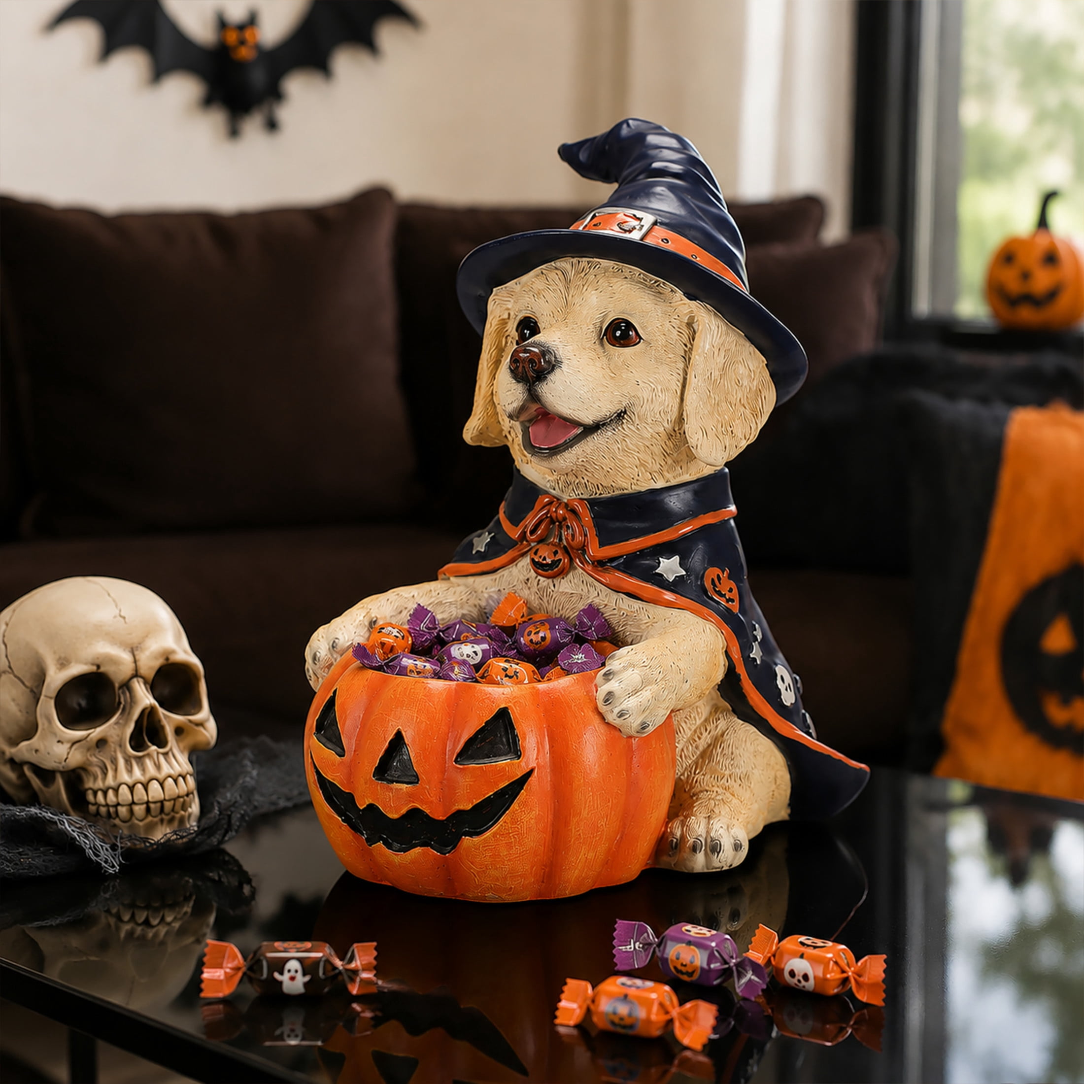 Noble House Halloween Labrador Retriever Witch Puppy Figurine with Pumpkin Candy Bowl, Decorative Statue, Brown