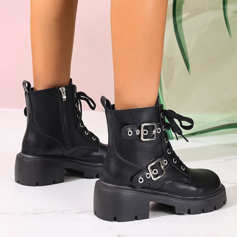 Womens Mid Calf Combat Boots with Side Zipper Fashion Black  display picture 3