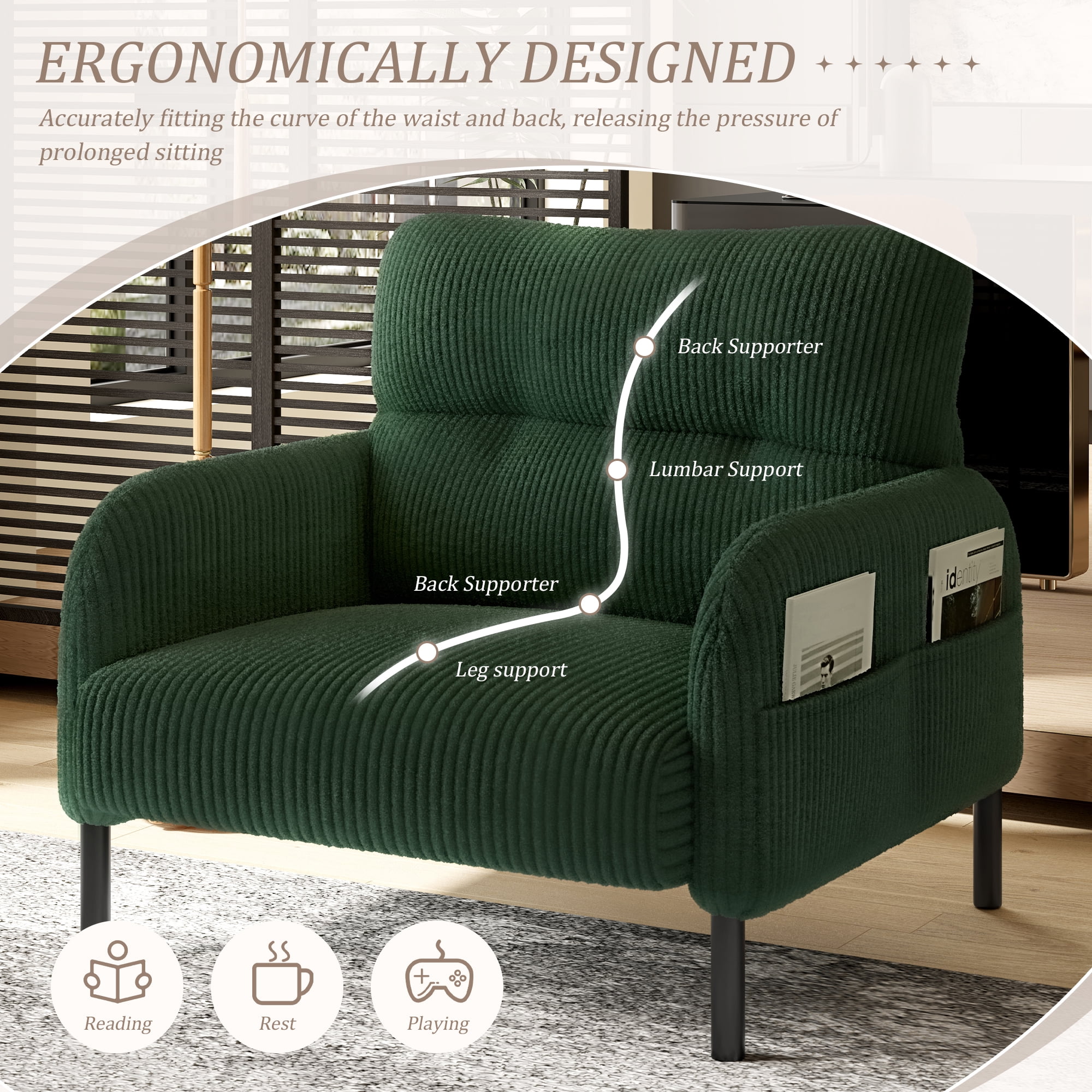 MOONMISS Corduroy Upholstered Comfortable Single Wood Frame Armchair for Living room and Bedroom-Emerald