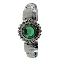 LINEL Women's Emerald Green Stone Flip Up Cover Silver Bangle Watch White Round Dial