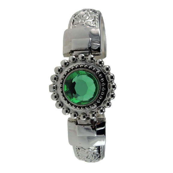 LINEL Women's Emerald Green Stone Flip Up Cover Silver Bangle Watch White Round Dial