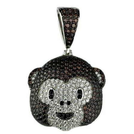 Real Solid 925 Sterling Silver Iced Brown Monkey Face Emoji Hip Hop Pendant 1" Inch