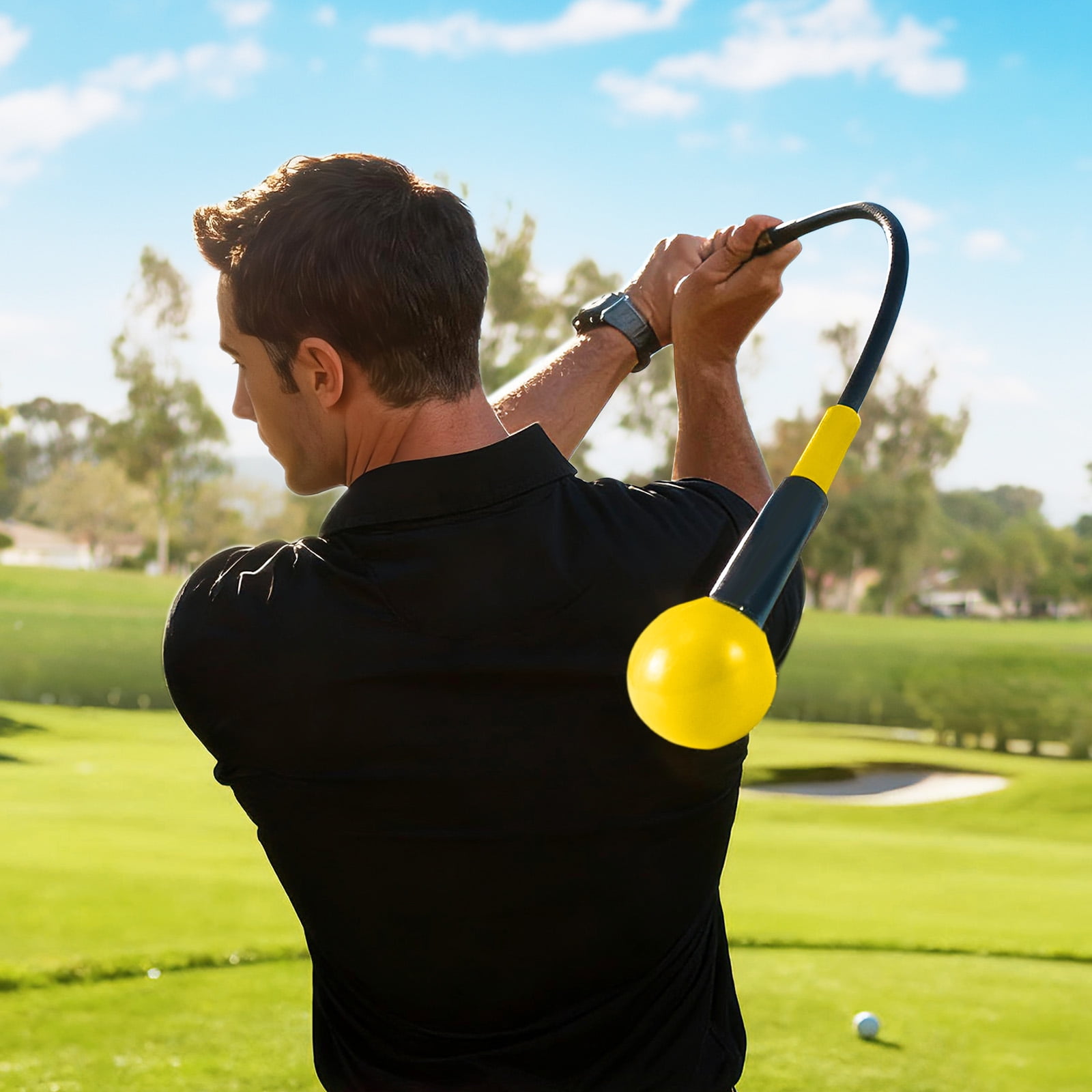 Gymax Golf Swing Trainer Aid 47'' Warm-up Practice Stick w/Weighted Head for Grip Yellow